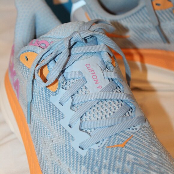 NIB HOKA WOMEN'S CLIFTON 9 AIRY BLUE/ICE WATER BLUE PINK ORANGE RUNNING SNEAKERS - Picture 4 of 7
